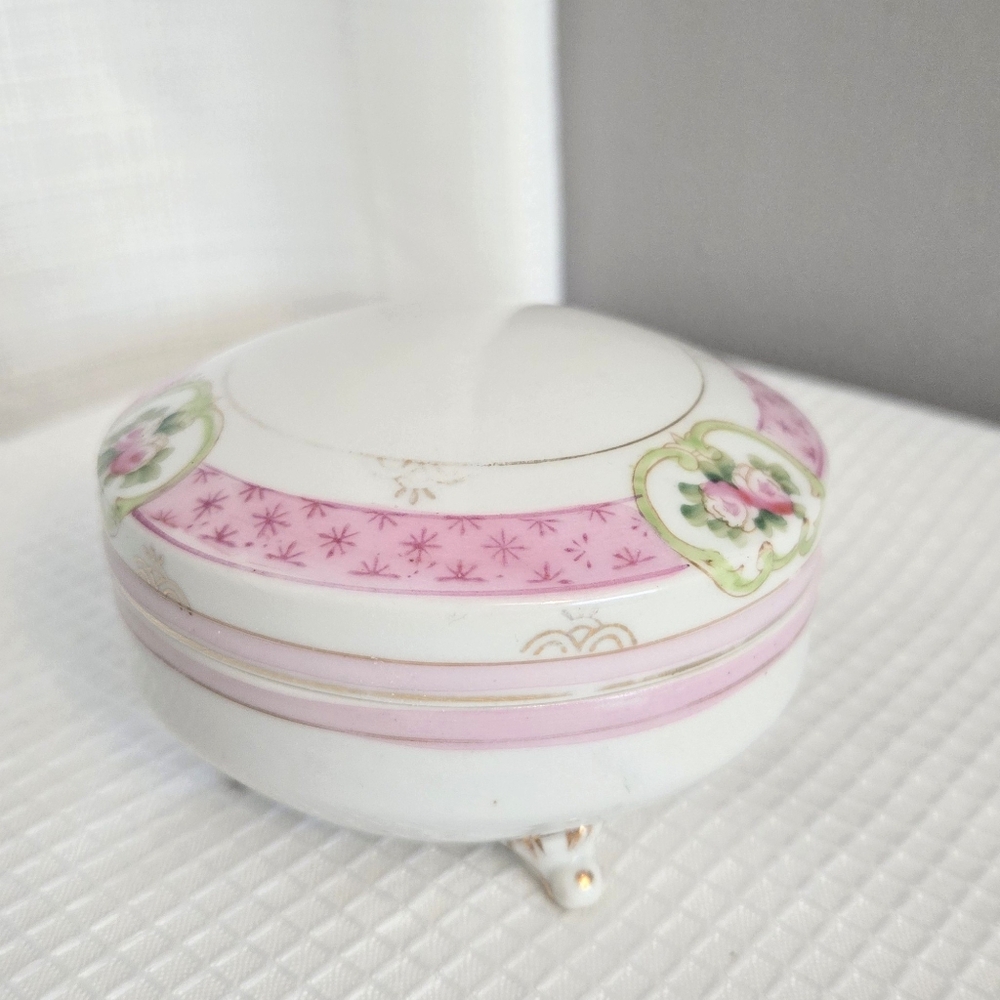 Vtg NIPPON Porcelain Footed Vanity Container Trinket Dresser Pink Stripe Floral